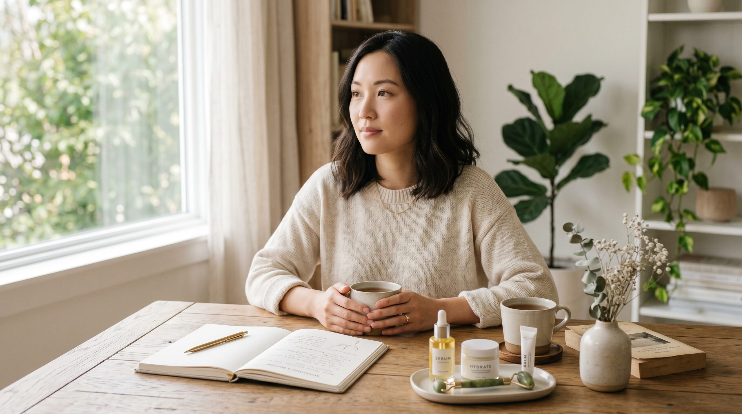 女性在窗邊桌前的生活感配圖，呼應膠原蛋白日常管理、抗老清單與長期保養節奏