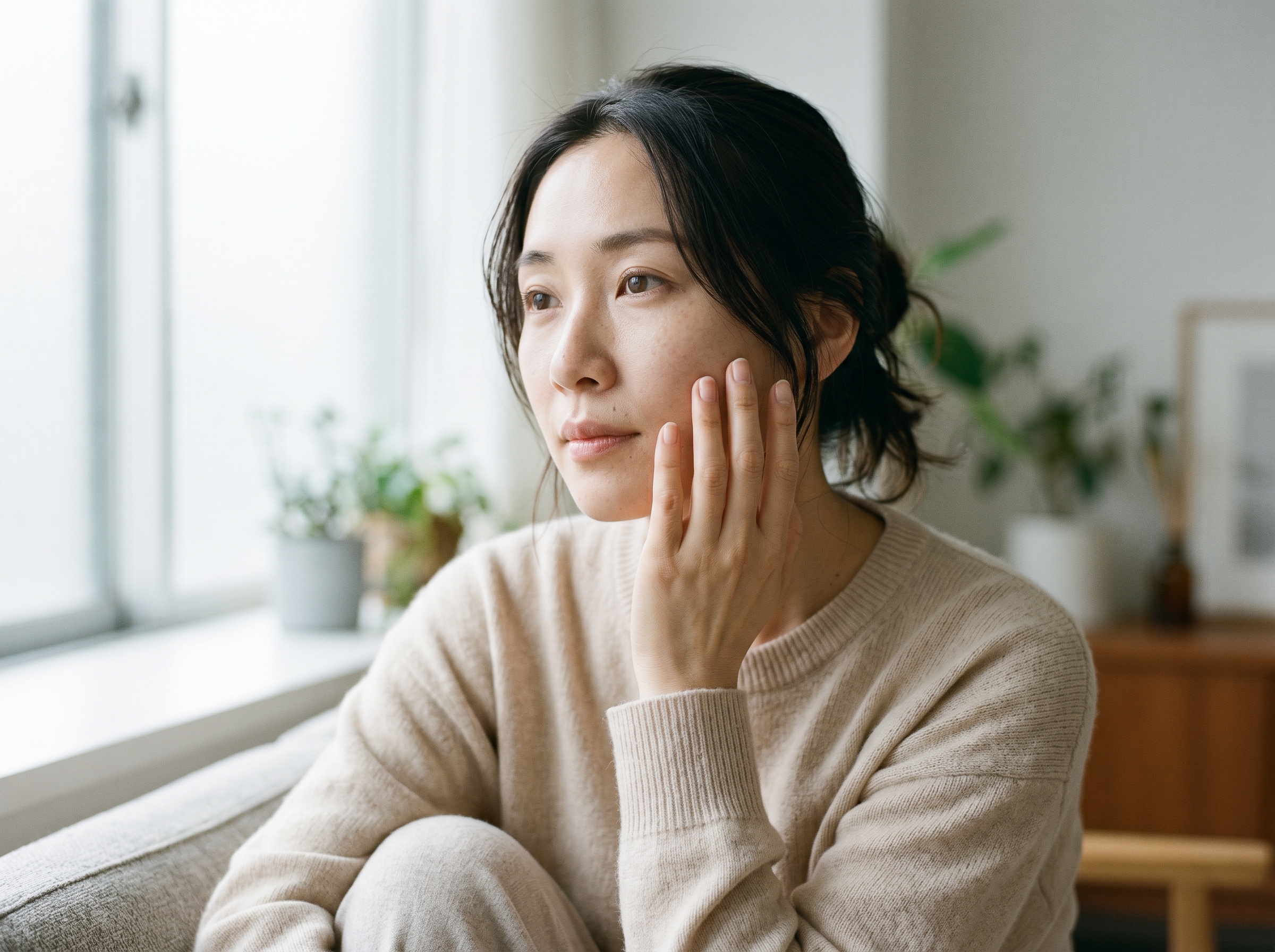 安靜生活感女性配圖,呼應定期肉毒桿菌保養、預防靜態紋與日常管理主題